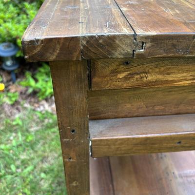 LOT 70: Reclaimed Wood Accent Table & Glass Decanters/Bottles