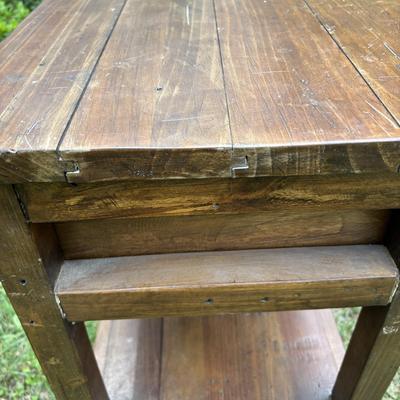 LOT 70: Reclaimed Wood Accent Table & Glass Decanters/Bottles