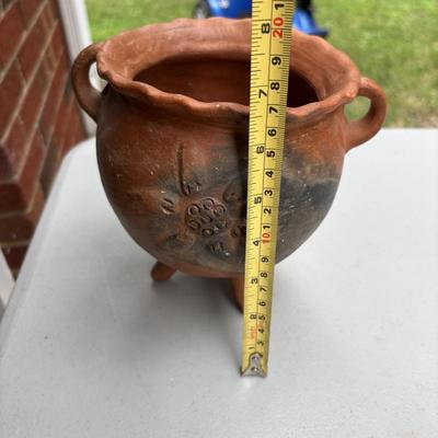 LOT 74: Folk Art Pottery Vase/Vessel, Terra Cotta footed Planter, Hand Painted Vases & Small Wooden Plant Stand