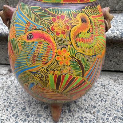 LOT 74: Folk Art Pottery Vase/Vessel, Terra Cotta footed Planter, Hand Painted Vases & Small Wooden Plant Stand