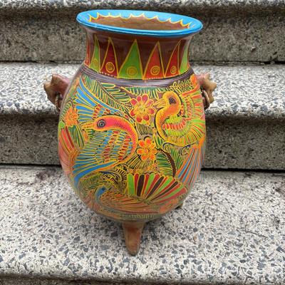LOT 74: Folk Art Pottery Vase/Vessel, Terra Cotta footed Planter, Hand Painted Vases & Small Wooden Plant Stand