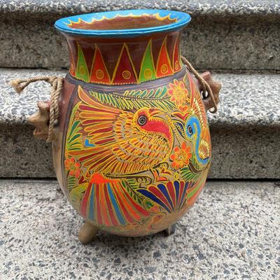 LOT 74: Folk Art Pottery Vase/Vessel, Terra Cotta footed Planter, Hand Painted Vases & Small Wooden Plant Stand