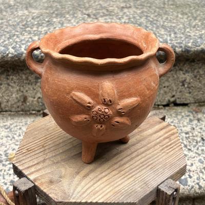 LOT 74: Folk Art Pottery Vase/Vessel, Terra Cotta footed Planter, Hand Painted Vases & Small Wooden Plant Stand