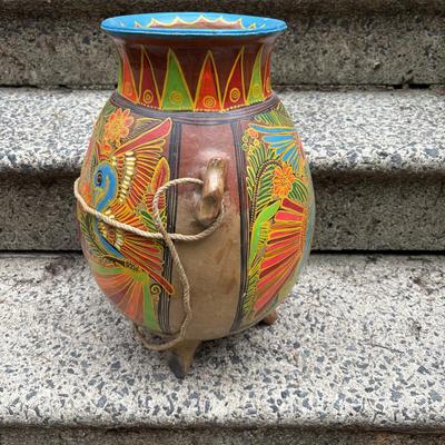 LOT 74: Folk Art Pottery Vase/Vessel, Terra Cotta footed Planter, Hand Painted Vases & Small Wooden Plant Stand