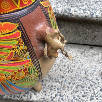 LOT 74: Folk Art Pottery Vase/Vessel, Terra Cotta footed Planter, Hand Painted Vases & Small Wooden Plant Stand
