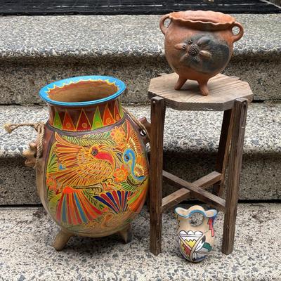 LOT 74: Folk Art Pottery Vase/Vessel, Terra Cotta footed Planter, Hand Painted Vases & Small Wooden Plant Stand