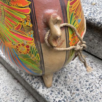 LOT 74: Folk Art Pottery Vase/Vessel, Terra Cotta footed Planter, Hand Painted Vases & Small Wooden Plant Stand