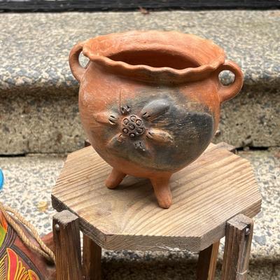 LOT 74: Folk Art Pottery Vase/Vessel, Terra Cotta footed Planter, Hand Painted Vases & Small Wooden Plant Stand