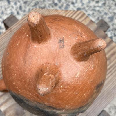 LOT 74: Folk Art Pottery Vase/Vessel, Terra Cotta footed Planter, Hand Painted Vases & Small Wooden Plant Stand