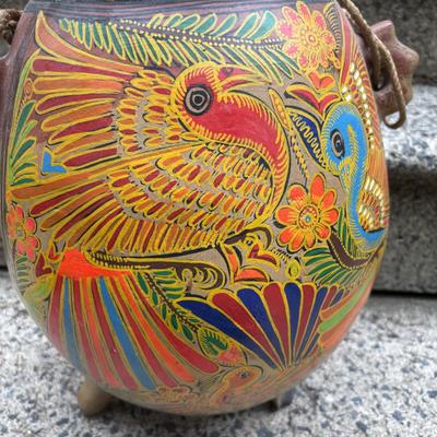 LOT 74: Folk Art Pottery Vase/Vessel, Terra Cotta footed Planter, Hand Painted Vases & Small Wooden Plant Stand
