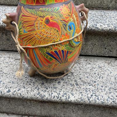 LOT 74: Folk Art Pottery Vase/Vessel, Terra Cotta footed Planter, Hand Painted Vases & Small Wooden Plant Stand