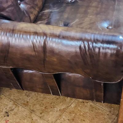 LOT 82: Mid Century Brown Faux Leather Sofa and Arm Chair with Wood Arms/Legs
