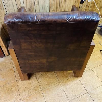 LOT 82: Mid Century Brown Faux Leather Sofa and Arm Chair with Wood Arms/Legs