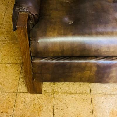 LOT 82: Mid Century Brown Faux Leather Sofa and Arm Chair with Wood Arms/Legs
