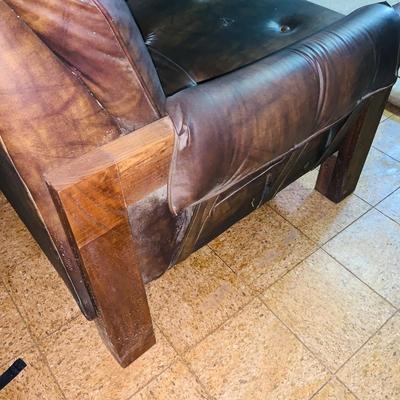 LOT 82: Mid Century Brown Faux Leather Sofa and Arm Chair with Wood Arms/Legs