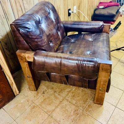 LOT 82: Mid Century Brown Faux Leather Sofa and Arm Chair with Wood Arms/Legs