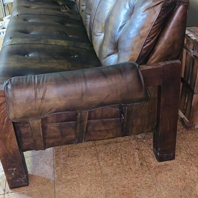 LOT 82: Mid Century Brown Faux Leather Sofa and Arm Chair with Wood Arms/Legs