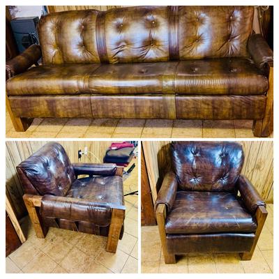 LOT 82: Mid Century Brown Faux Leather Sofa and Arm Chair with Wood Arms/Legs