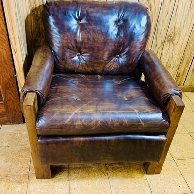LOT 82: Mid Century Brown Faux Leather Sofa and Arm Chair with Wood Arms/Legs