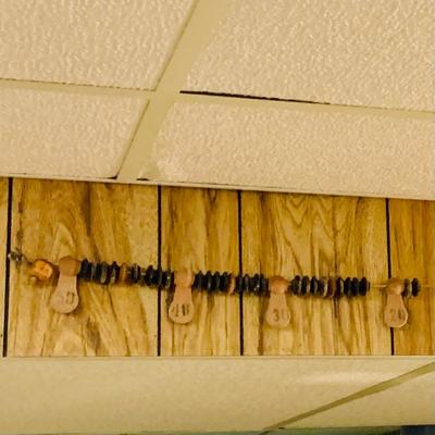 LOT 85: Bumper Pool Table with Removable Top, Pool Cue Rack and Vintage Wooden Billiards Scoring Beads