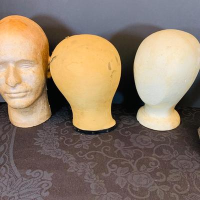 LOT 88: Selection of Vintage Men’s Toupees and Milliner Hat Block Heads Including a Vintage/Antique Canvas Head with Adjustable Clamp on...