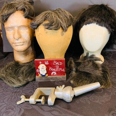 LOT 88: Selection of Vintage Men’s Toupees and Milliner Hat Block Heads Including a Vintage/Antique Canvas Head with Adjustable Clamp on...