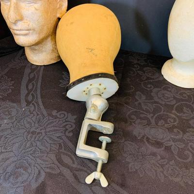 LOT 88: Selection of Vintage Men’s Toupees and Milliner Hat Block Heads Including a Vintage/Antique Canvas Head with Adjustable Clamp on...