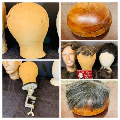 LOT 88: Selection of Vintage Men’s Toupees and Milliner Hat Block Heads Including a Vintage/Antique Canvas Head with Adjustable Clamp on...