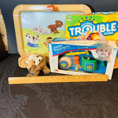 LOT 90: Collection of Children’s Toy, Game and More Featuring a Pound Puppy TV Tray, Vintage Junior Shaving Kit a Mini Pound Puppy and More