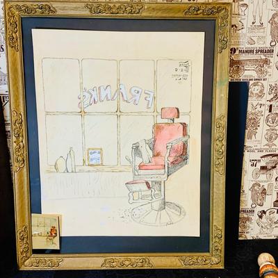 LOT 91: Barber Shop Memorabilia a Framed Etching, Cast Iron Haircut Plaque, Wooden Barber Poll, Books and Mor