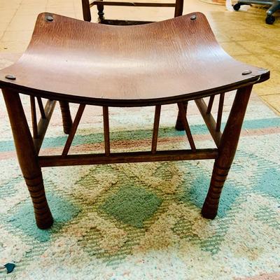 LOT 92: Vintage/Antique Egyptian Revival Wooden Stool with Curved Seat and a Cain Top Wooden Side Table