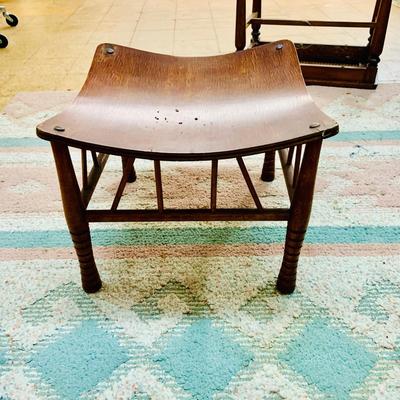 LOT 92: Vintage/Antique Egyptian Revival Wooden Stool with Curved Seat and a Cain Top Wooden Side Table