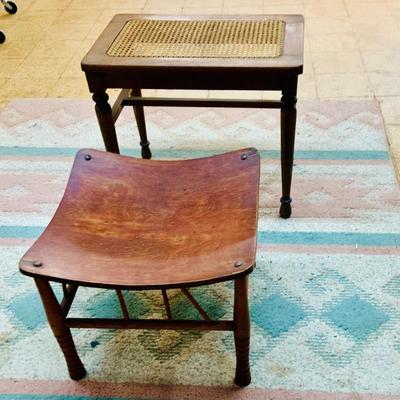 LOT 92: Vintage/Antique Egyptian Revival Wooden Stool with Curved Seat and a Cain Top Wooden Side Table