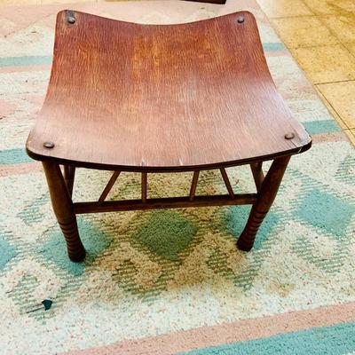 LOT 92: Vintage/Antique Egyptian Revival Wooden Stool with Curved Seat and a Cain Top Wooden Side Table