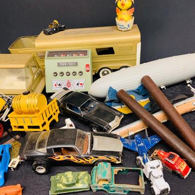 LOT 93: Vintage Toys Pieces and Parts - Featuring Structo Pressed Steel Dome Horse Carrier (Missing Front Wheels), Vintage Waco Draw...
