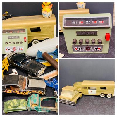 LOT 93: Vintage Toys Pieces and Parts - Featuring Structo Pressed Steel Dome Horse Carrier (Missing Front Wheels), Vintage Waco Draw...