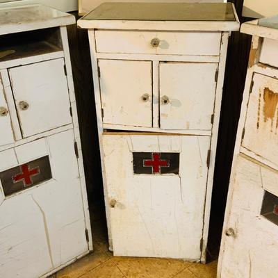 LOT 94: Vintage/Antique Wooden Vanities / Medical Cabinets with Mirrored Tops.