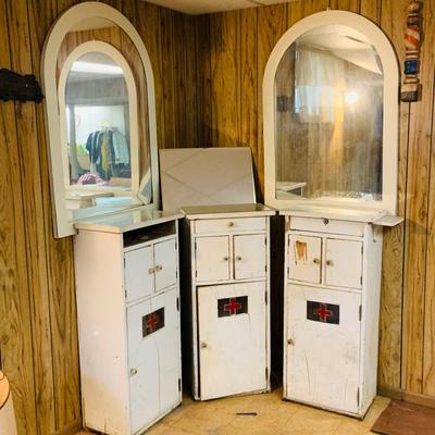 LOT 94: Vintage/Antique Wooden Vanities / Medical Cabinets with Mirrored Tops.