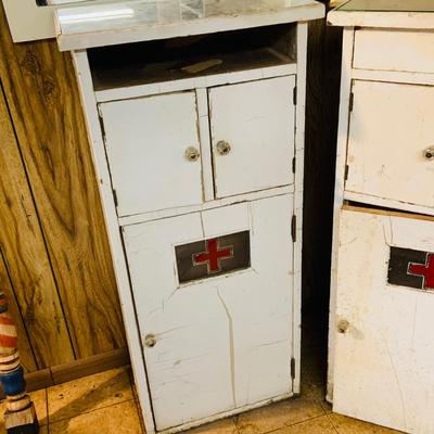 LOT 94: Vintage/Antique Wooden Vanities / Medical Cabinets with Mirrored Tops.