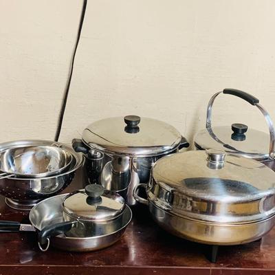 LOT 95: Collection of Stainless Steel Cookware including a Farberware Electric Skillet, Pots, Pans and Colander/Strainers