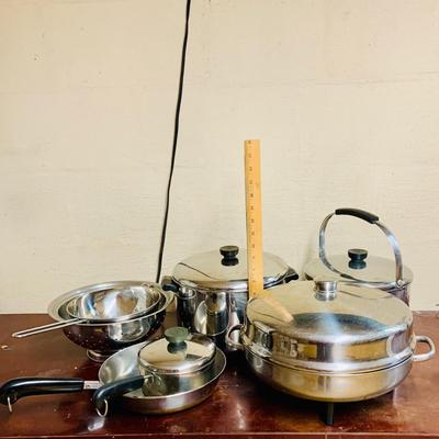 LOT 95: Collection of Stainless Steel Cookware including a Farberware Electric Skillet, Pots, Pans and Colander/Strainers