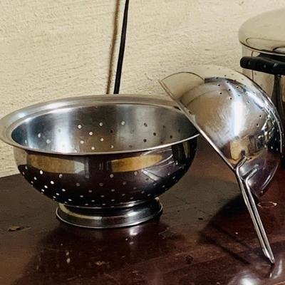 LOT 95: Collection of Stainless Steel Cookware including a Farberware Electric Skillet, Pots, Pans and Colander/Strainers
