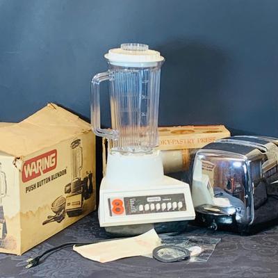 LOT 96: Vintage Waring Blender, Sunbeam Radiant Control Toaster, and Mirro Pastry Press In Original Box