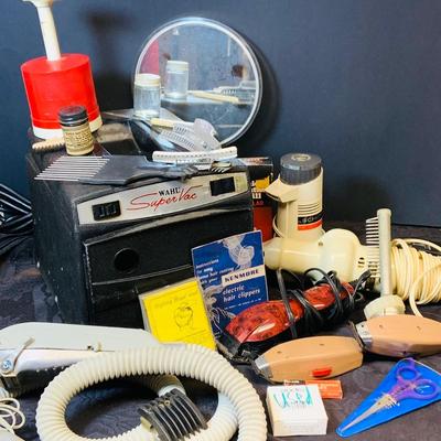 LOT 98: Vintage Barber Shop Supplies Including a Wahl Super Vac Shaver, Schick Hot Lather Shaving Cream Dispenser, Vintage Louis Hair...