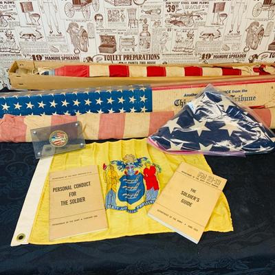 LOT 101: Patriotic Collection Featuring a Framed Jamie Wyeth 911 Wall Art, Vintage US Flags, New Jersey Flag, Army Pamphlets and More