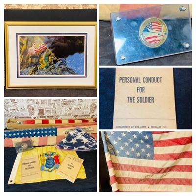 LOT 101: Patriotic Collection Featuring a Framed Jamie Wyeth 911 Wall Art, Vintage US Flags, New Jersey Flag, Army Pamphlets and More