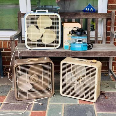 LOT 104: Set of Three (3) Vintage Box Fans by Kmart, Superlectric and More and a Vintage Glass Devibiss Vaporizer
