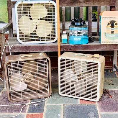 LOT 104: Set of Three (3) Vintage Box Fans by Kmart, Superlectric and More and a Vintage Glass Devibiss Vaporizer