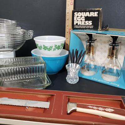 LOT 112: Vintage Kitchen; Pyrex, Louella Butter Dish, and More