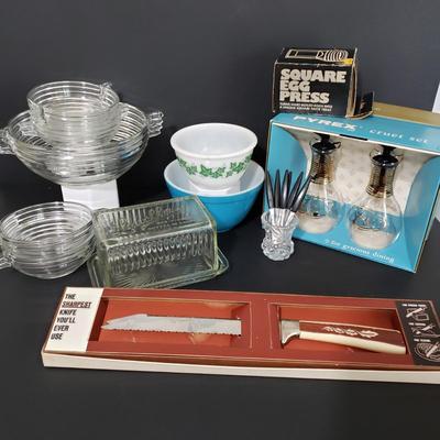 LOT 112: Vintage Kitchen; Pyrex, Louella Butter Dish, and More